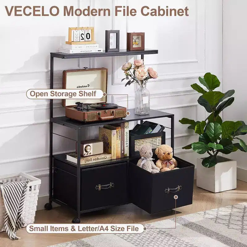 Meuble de classement latéral à 2 tiroirs VECELO, support roulant pour imprimante avec 3 étagères de rangement ouvertes, compatible format A4 ou Lettre, noir/marron