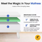 FDW Matelas en mousse à mémoire de forme au thé vert de 6 pouces avec gel rafraîchissant, sans fibre de verre, certifié CertiPUR-US, livré en boîte, blanc