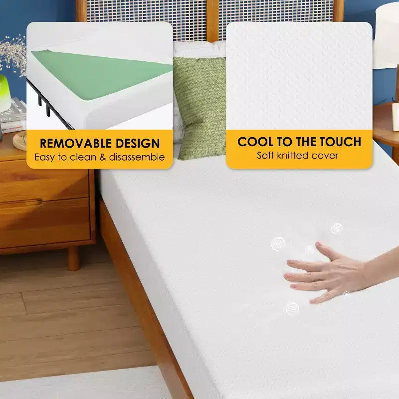 FDW Matelas en mousse à mémoire de forme au thé vert de 6 pouces avec gel rafraîchissant, sans fibre de verre, certifié CertiPUR-US, livré en boîte, blanc