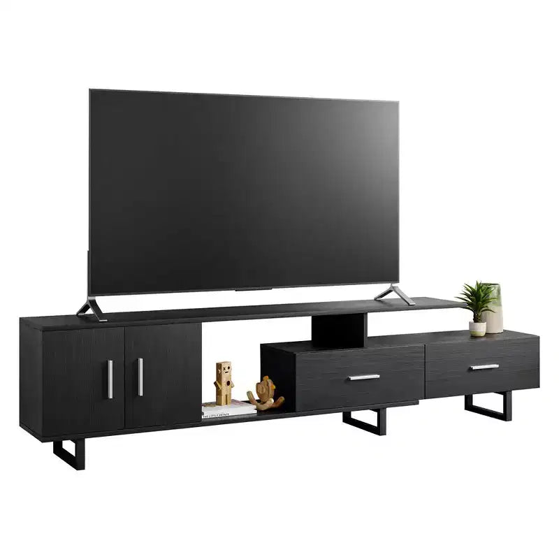 Meuble TV LeisureMod Avery Collection avec cadre en bois MDF et pieds en acier thermolaqué avec rangement Centre de divertissement multimédia moderne, salon