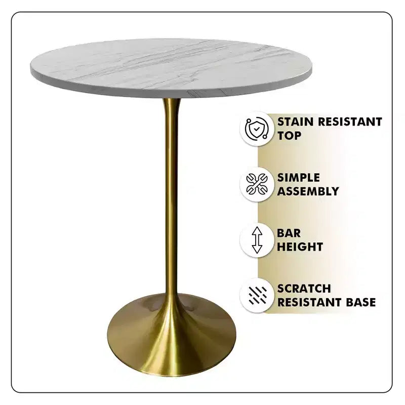 Table de salle à manger ronde Leisuremod Verve 27 à hauteur de bar - Table à hauteur de comptoir moderne avec plateau en résine et base piédestal en or brossé pour cuisine, maison et bar