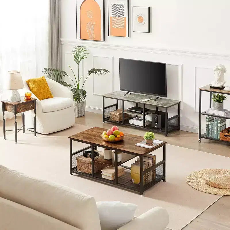 VECELO Table basse rectangulaire de 100,0 cm avec étagère de rangement, meuble TV industriel