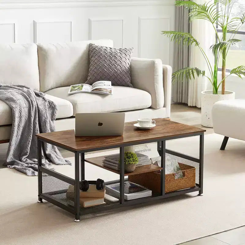 VECELO Table basse rectangulaire de 100,0 cm avec étagère de rangement, meuble TV industriel