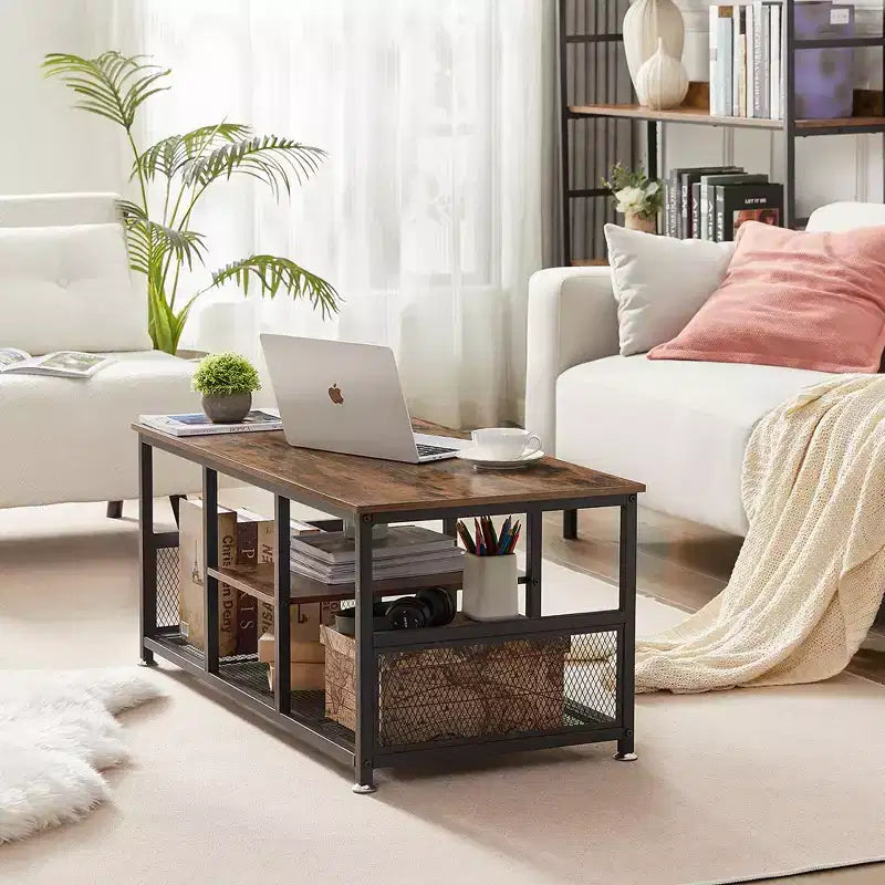 VECELO Table basse rectangulaire de 100,0 cm avec étagère de rangement, meuble TV industriel