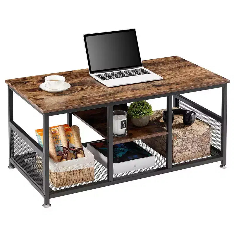 VECELO Table basse rectangulaire de 100,0 cm avec étagère de rangement, meuble TV industriel