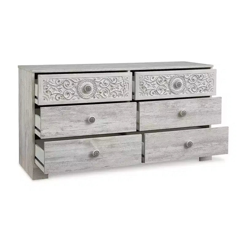 Commode à 6 tiroirs Paxberry Boho de Signature Design by Ashley, finition blanchie