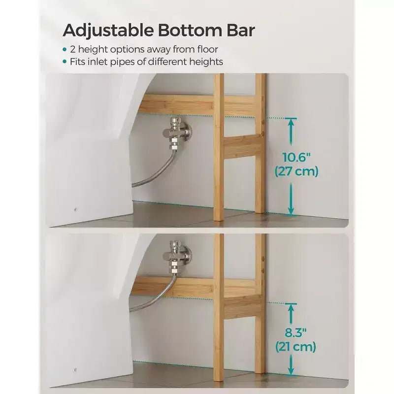 Meuble de rangement au-dessus des toilettes, meuble avec étagère intérieure réglable et barre stabilisatrice inférieure, étagère de toilettes, beige naturel