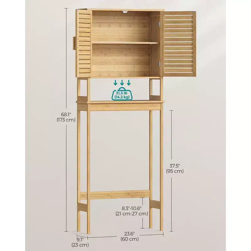 Meuble de rangement au-dessus des toilettes, meuble avec étagère intérieure réglable et barre stabilisatrice inférieure, étagère de toilettes, beige naturel