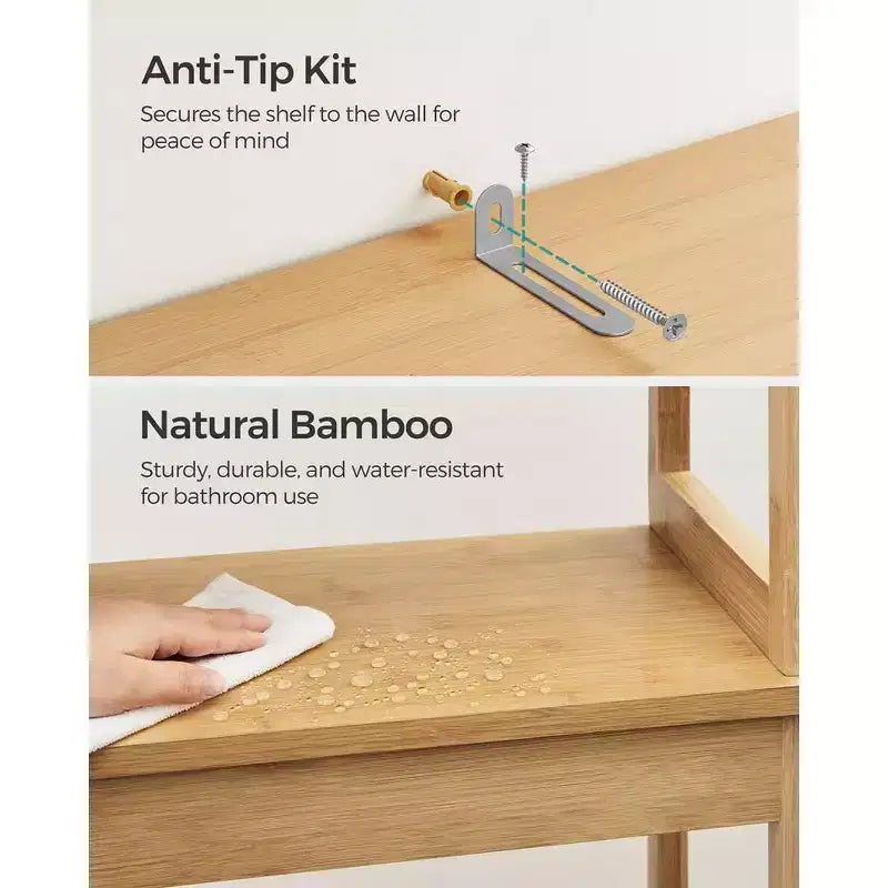Meuble de rangement au-dessus des toilettes, meuble avec étagère intérieure réglable et barre stabilisatrice inférieure, étagère de toilettes, beige naturel