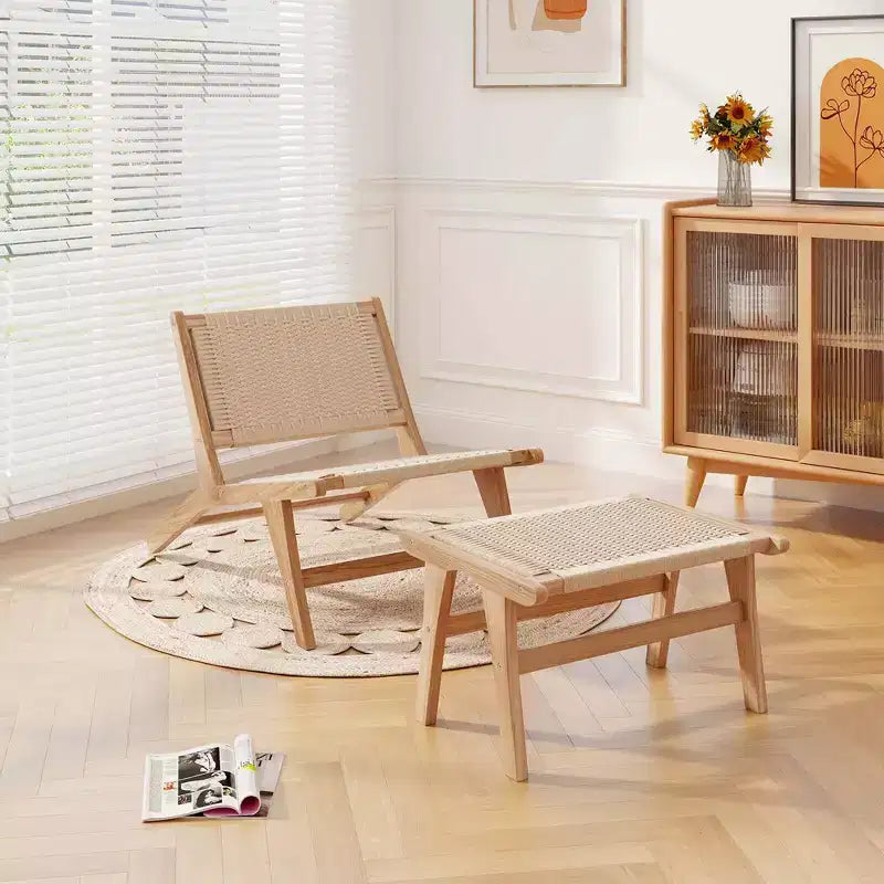 Fauteuil d'appoint moderne Costway de style scandinave avec pouf, cadre en bois de teck, style rustique