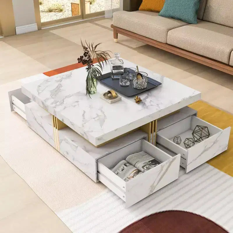 Tables basses avec 4 tiroirs de rangement, table de cocktail carrée au design moderne pour salon, bureau, chambre à coucher 16.5P x 43.3L x 43.3H