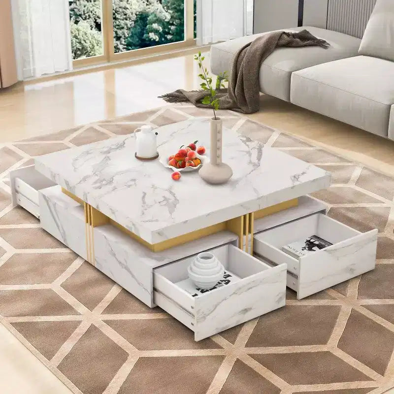 Tables basses avec 4 tiroirs de rangement, table de cocktail carrée au design moderne pour salon, bureau, chambre à coucher 16.5P x 43.3L x 43.3H