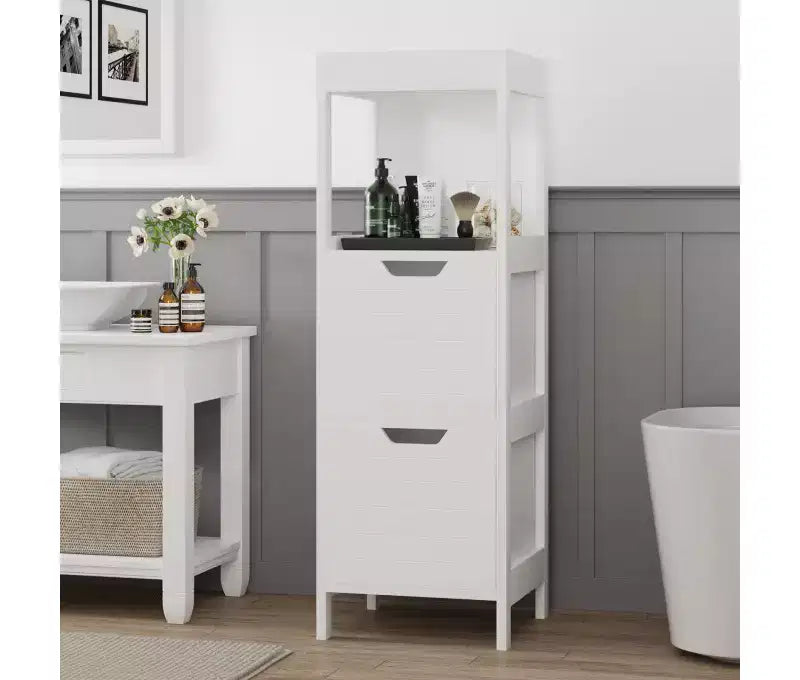 Meuble bas de salle de bain en bois, organisateur de rangement autoportant avec étagères réglables et tiroirs, blanc