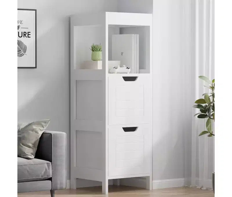 Meuble bas de salle de bain en bois, organisateur de rangement autoportant avec étagères réglables et tiroirs, blanc