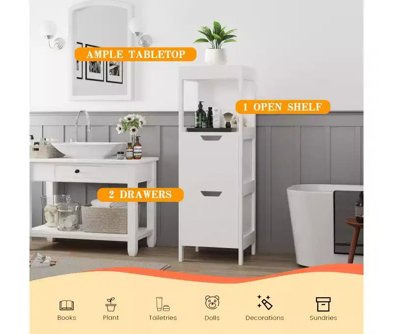 Meuble bas de salle de bain en bois, organisateur de rangement autoportant avec étagères réglables et tiroirs, blanc