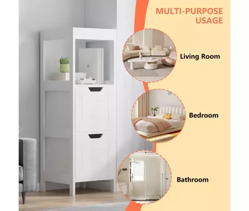 Meuble bas de salle de bain en bois, organisateur de rangement autoportant avec étagères réglables et tiroirs, blanc
